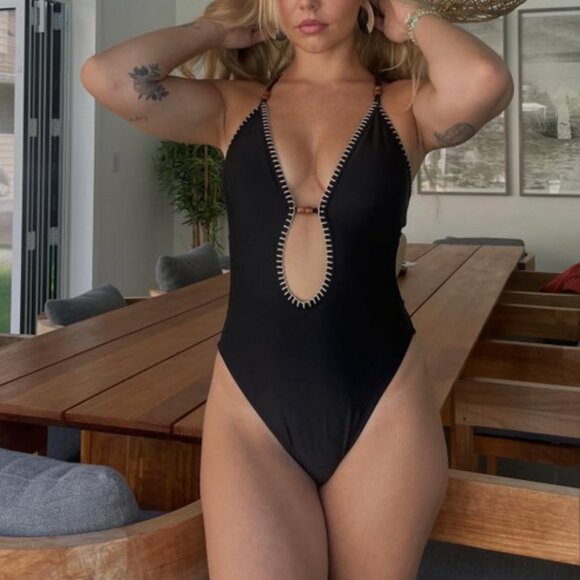 Women's Plunge Bead Detail Extra High Leg One Piece Swimsuit - Shade & Shore™ S - Picture 3 of 7